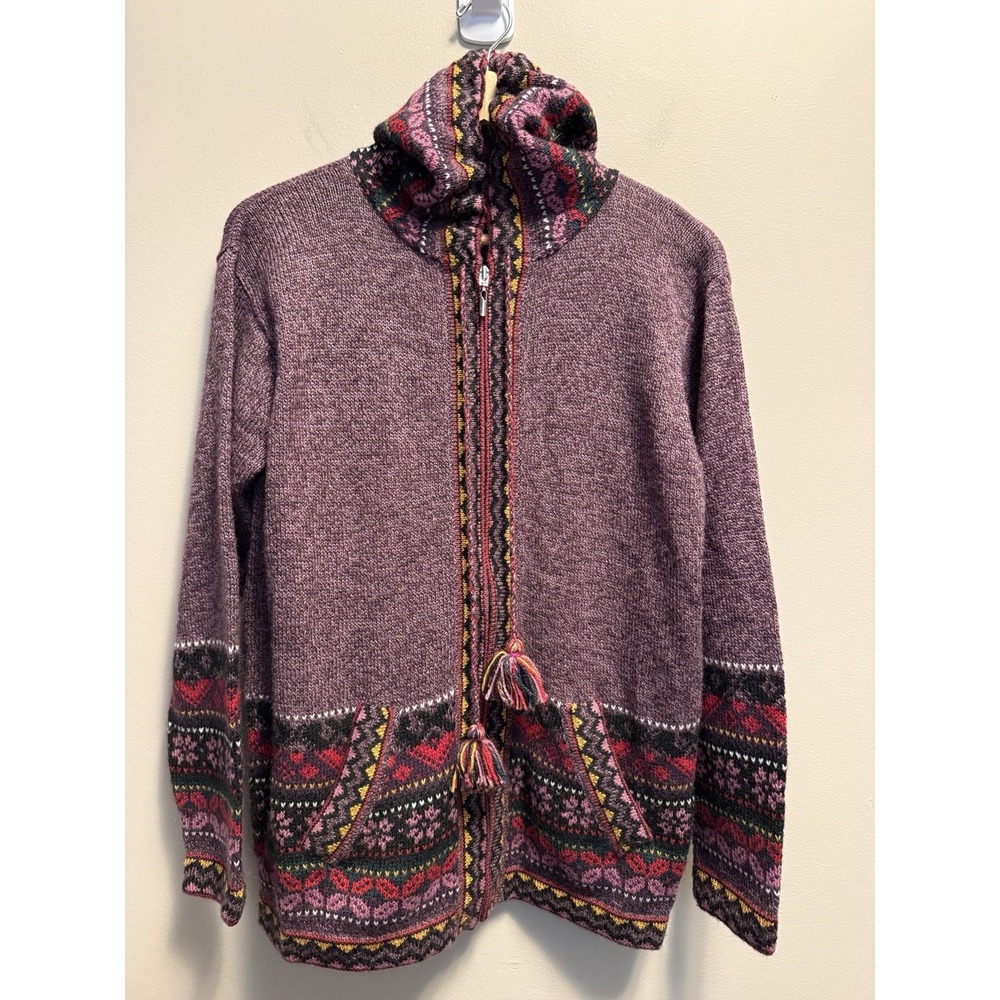Alpaca Connection Sweater Size XL Purple Handmade Alpaca Zip Cardigan Hooded